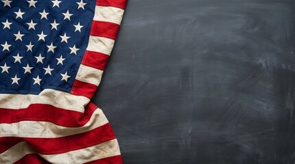 Fototapeta premium Patriotic american flag on 4th of july celebration background with blackboard