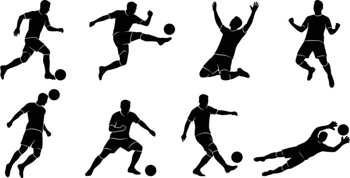 Soccer Football Player Silhouette Icon Set with Men Dribbling, Kicking Volley Shot, Heading Ball, and Goalkeeper Diving Save for Sports Tournament Graphic DesignsSoccer Football Player Silhouette Icon