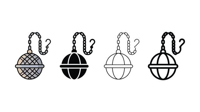 Four different black and white wrecking ball icons with chains  isolated on white