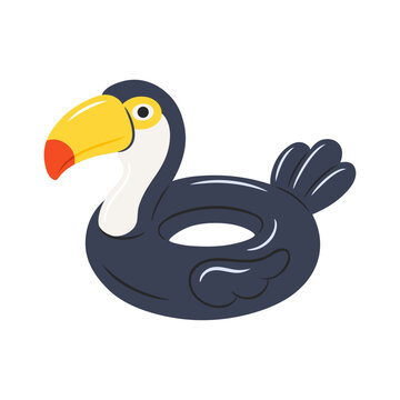 Toucan inflatable swim ring with yellow beak. Exotic bird shaped rubber pool float for summer holiday isolated on transparent background. Tropical lifesaver donut tube side view.