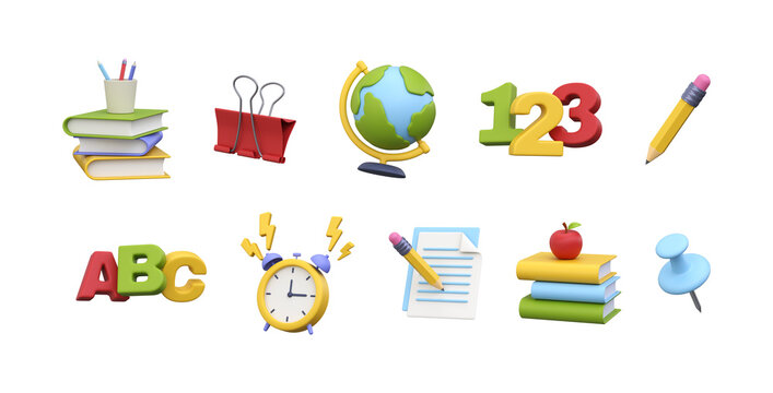 3D School Education Icons Set. Collection of educational and stationery elements for school, classroom, studying, learning, academic design, back to school projects, and teaching materials.