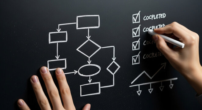 A hand draws a flowchart on a blackboard, with a checklist and a graph in the background. The flowchart shows a series of steps and decisions, indicating a process or plan.