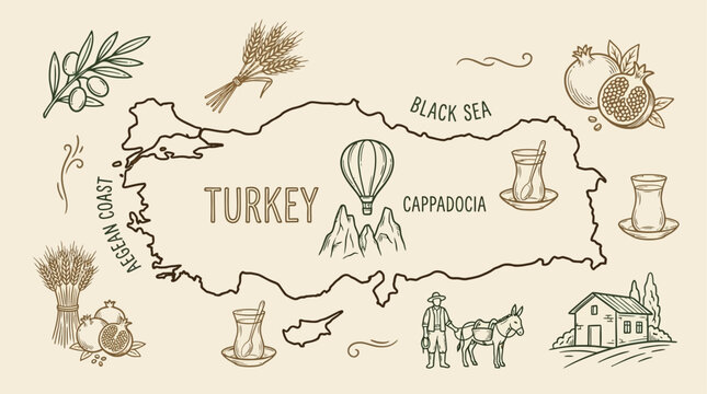 Artistic Minimalist Line Sketch of Turkey Map Featuring Traditional Rural Agricultural Life Cultural Heritage Symbols and Middle Eastern Country Border Outline for Travel and Education