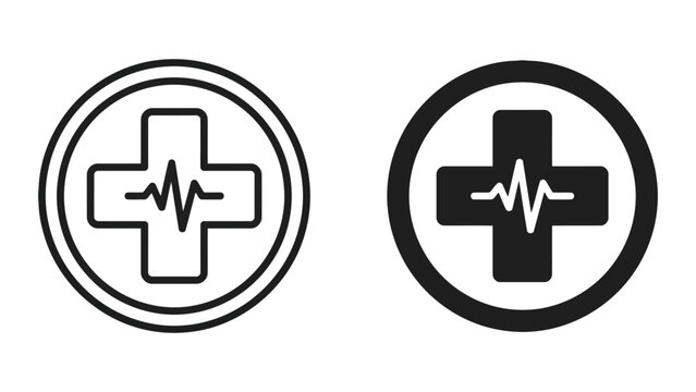 Medical pulse heartbeat icon in circle shape for healthcare and clinical diagnostics branding and web user interface design presented in both solid black and minimalist thin line vector style