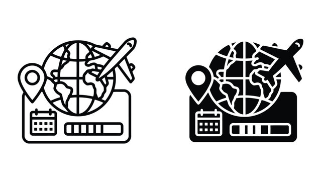 Travel itinerary loading and global flight scheduling icon set with calendar and progress bar for tourism booking services and trip management software in modern flat vector style