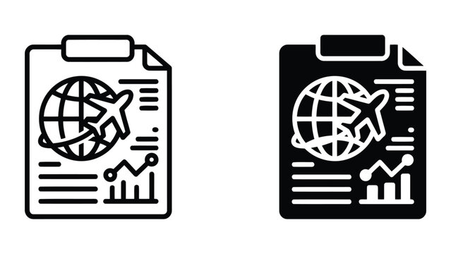 Global flight logistics and travel report icon set showing planet earth with airplane path and data charts on clipboard for aviation industry statistics and international transport analysis