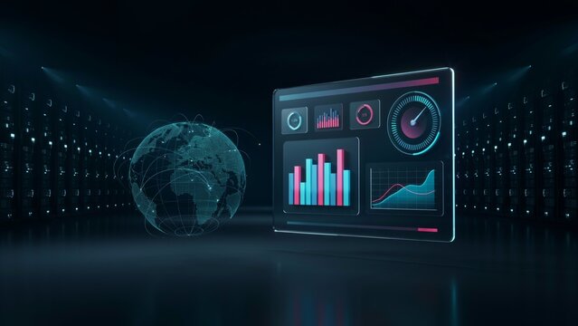 Futuristic data dashboard showing financial analytics and global statistics with spinning digital globe dashboard analytics statistics business hologram technology interface investment