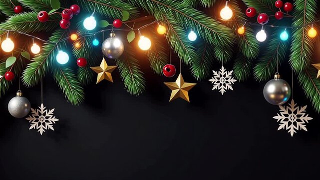 Animation Christmas holiday banner with silver ornaments and Pine ิิbranch border on black background.