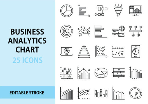 Business Analytics Chart Line Icon Set. Pie, bar, chart, diagram, funnel, screen, brain, coin, pyramid, line, matrix, graph, process, analytics, statistics, data, growth, finance, strategy, marketing.