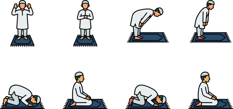 Muslim Man Performing Salah Prayer Poses Icon Set with Ruku and Sujud Steps on Mat for Islamic Religious Education Apps and Ramadan DesignsMuslim Man Performing Salah Prayer Poses Icon Set with Ruku a