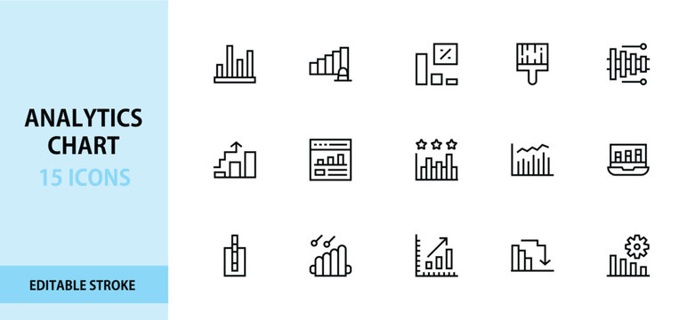 Analytics Chart Line Icon Set. Bar, graph, diagram, percentage, brush, arrow, browser, laptop, gear, stars, decrease, statistics, dashboard, metrics, infographic, financial, economic, business.