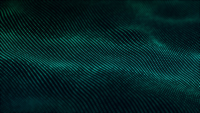 Teal dotted wave field flows across a dark background, creating a clean data landscape for artificial intelligence, analytics, technology, science, and digital networks.