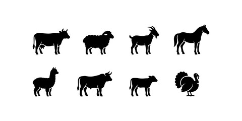Farm animal silhouette collection featuring livestock icons like cow sheep goat horse llama bull calf and turkey for organic agriculture branding and veterinary business identity set isolated. © MDISMAIL