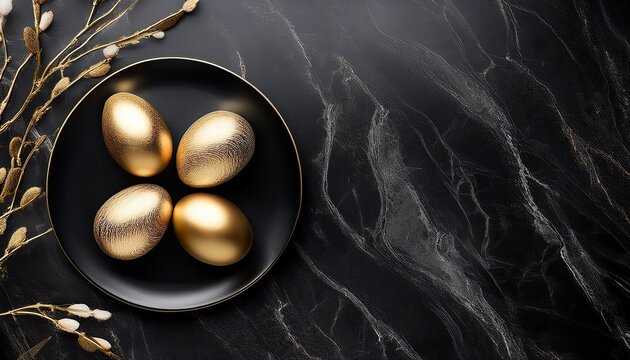Minimal Easter Banner Stylish Easter Golden Decorated Eggs On Black Plate Isolated On Black Marble Background Flat Lay Trendy Easter Happy Easter Card With Copy Space For Text