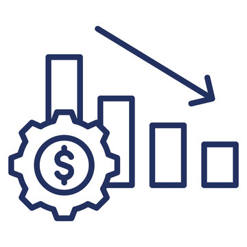 Money gear icon with decreasing graph arrow