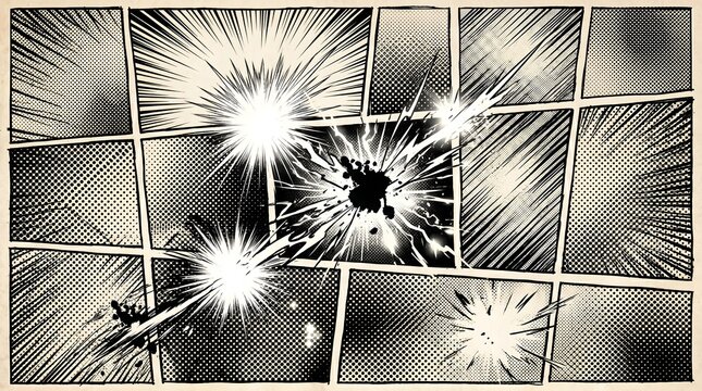 Manga comic book grid lines background with retro screen tone halftones and dynamic action light flares