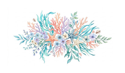 Watercolor Underwater Floral Bouquet with Corals and Starfish Hand Drawn Marine Illustration © Sagor