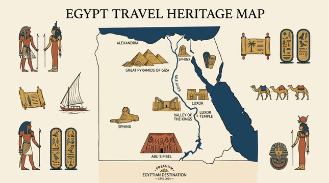 Minimalist Artistic Sketch Illustrating Ancient Egyptian Pharaonic Life and Heritage Travel Map Featuring Traditional Symbols and Historic Landmarks of the Middle East Culture