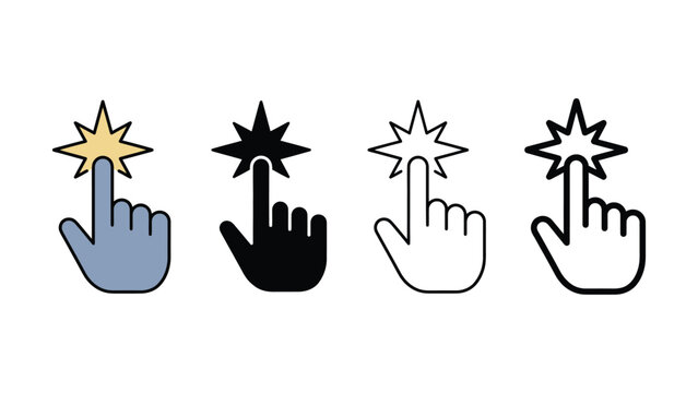 Four different hand cursor click icons with starburst on white background