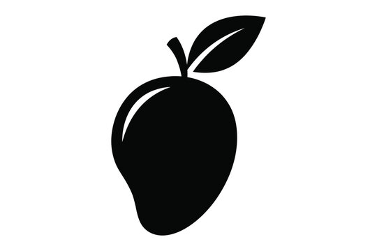 Simple black silhouette illustration of a mango with green leaves