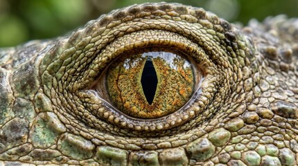 Fototapeta premium A close-up of a green iguana's eye with a green and brown texture.
