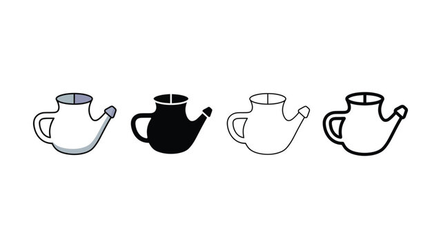 Four different line art and shaded teapot icons in various styles and colors side by side