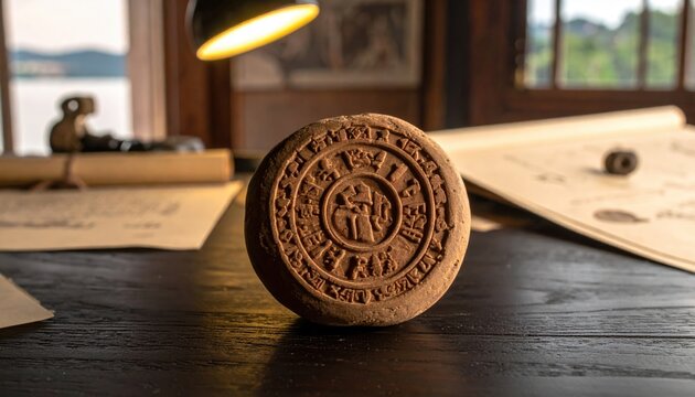 Intricate ancient Indus Valley civilization artifact with unique script symbols and motifs discovered on a wooden table under focused lighting