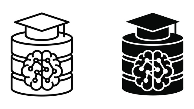 Digital brain with circuit pathways wearing graduation cap atop server database unit icon set for academic cloud storage and smart learning management systems in professional vector style