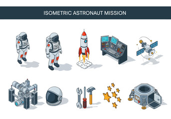 An array of isometric spacethemed icons including astronauts a rocket space station modules tools and celestial bodies © Vector Graphic