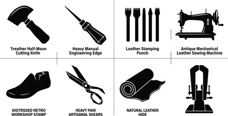 Naklejka premium Black silhouette icons of traditional leatherworking tools featuring sewing machine cutting knife stamping punches shears and hide roll