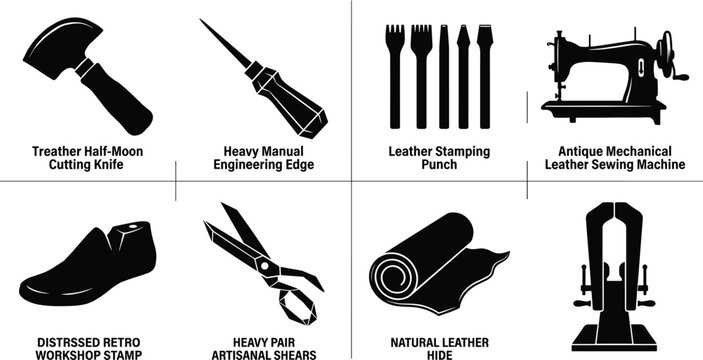 Black silhouette icons of traditional leatherworking tools featuring sewing machine cutting knife stamping punches shears and hide roll