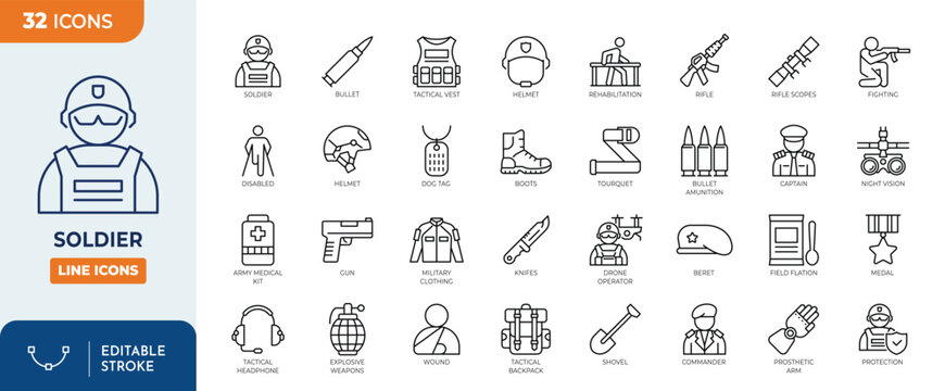 Soldier line editable icon set. Containing soldier, military, army, force,  warior, equipment, gun and more. Editable stroke. Vector illustration