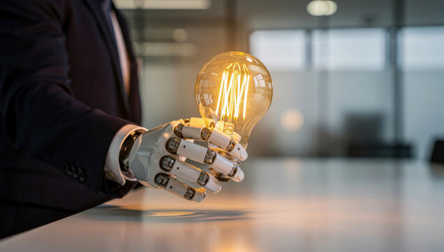 AI robot holding light bulb in hand in meeting room discuss, concept of agentic AI technology idea thinking