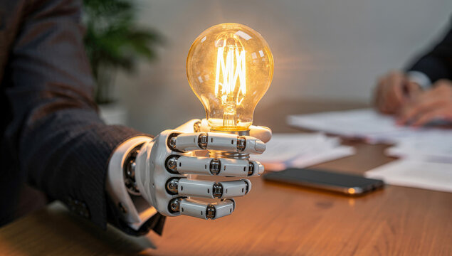 AI robot holding light bulb in hand in meeting room discuss, concept of agentic AI technology idea thinking