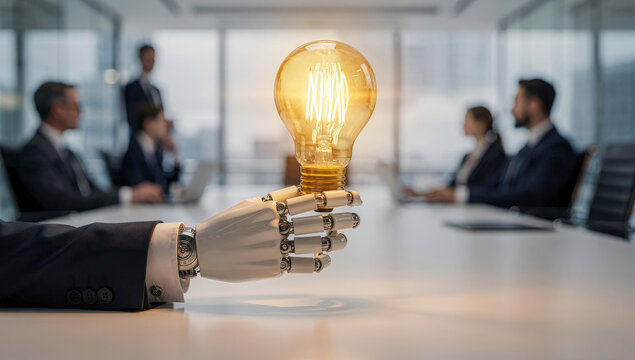 AI robot holding light bulb in hand in meeting room discuss, concept of agentic AI technology idea thinking