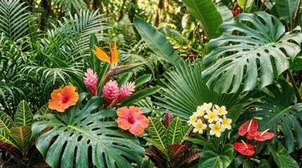 Fototapeta premium Tropical foliage and flowers in a lush garden. The vibrant colors of the flowers contrast with the green leaves. The setting is a tropical rainforest, with a variety of plants and trees.