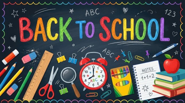 Vibrant back to school illustration with colorful educational supplies on chalkboard background