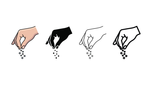 Four hands in different colors sprinkling salt or pepper grains downwards  isolated