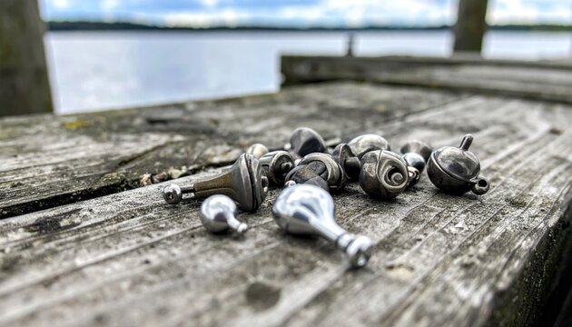 Scattered polished lead fishing weights and sinkers of various shapes on a weathered wooden pier by a calm lake