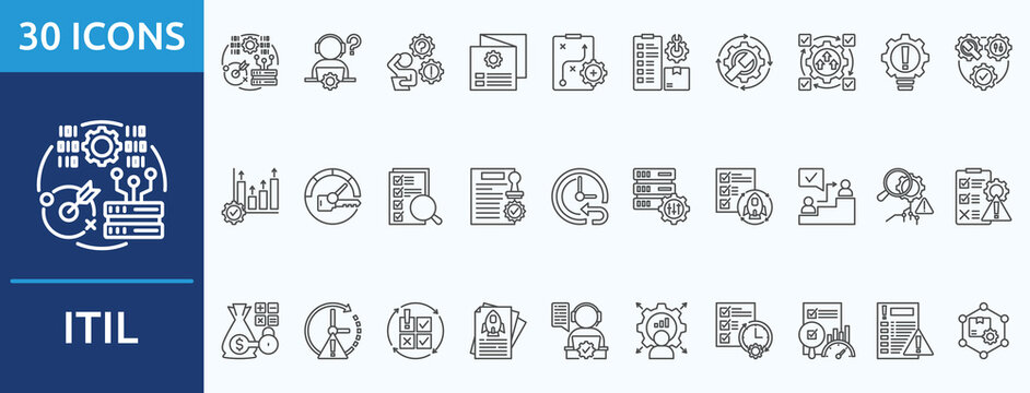 ITIL
- Icon Collection. Thin outline Set contains such Icons as help desk, problem, catalog, service strategy, configuration item, service operation, continual improvement and more. Simple web icons s