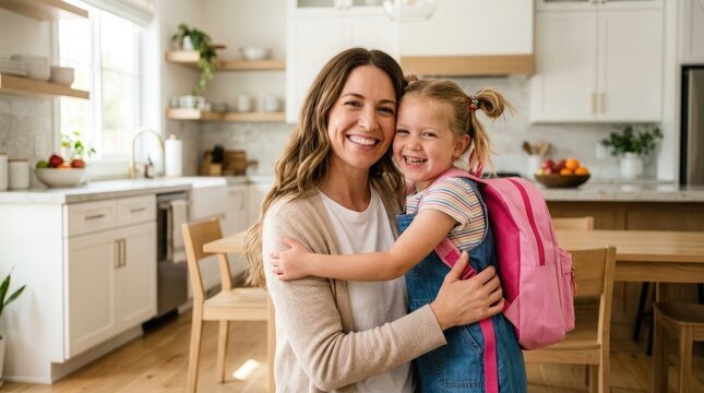 Mother and daughter hugging before back to school with pink backpack
