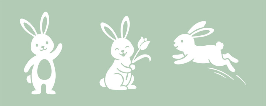Cute white bunny characters set with flower waving and jumping on soft green background.