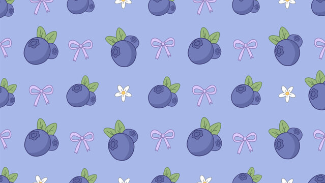 Cute cartoon blueberry pattern with bows and flowers on light blue background