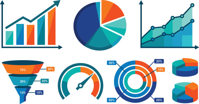 Business Infographic Elements and Financial Data Analytics Chart Set with Bar Graphs Pie Charts Funnel and Gauge Diagrams Vector Illustration for Corporate Reports