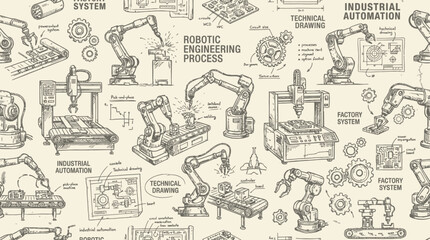 Fototapeta premium Futuristic Industrial Robotic Arm Engineering Process Seamless Pattern Illustration for Advanced Technology Factory Automation and Mechanical Machine Systems Design