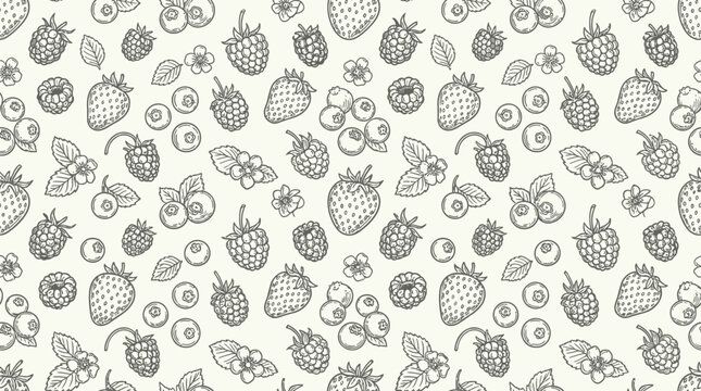 Elegant minimalist line art vector illustration of a seamless repeating pattern with various mixed forest berries, fresh organic fruit food design for modern background or textile printing