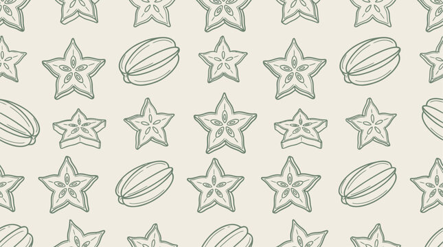 Minimalist Line Art Vector Illustration of Starfruit Exotic Carambola Fruit in a Seamless Repeating Pattern Graphic for Background Textile Wallpaper Design