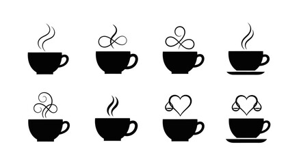 Fototapeta premium Hot beverage coffee cup silhouettes with steam swirls infinity symbols and heart shapes representing love and eternal passion for morning caffeine rituals