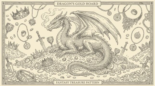 Ornate fantasy illustration of a mythical dragon guarding a massive treasure hoard of shimmering gold coins, precious jewelry, and glowing gemstones in a magical repeating pattern design.