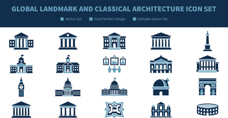 Naklejka premium Global Landmark and Classical Architecture Icon Collection with Capitol Buildings, Museums, Monuments, Arches, and Cultural Structures for Educational and Design Projects